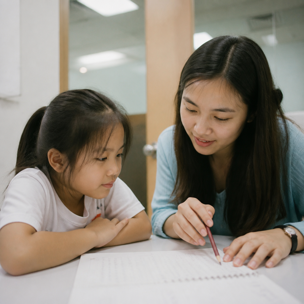 A tutor supporting a student with Higher Chinese in Singapore, highlighting the importance of genuine fit for PSLE and school pathways.