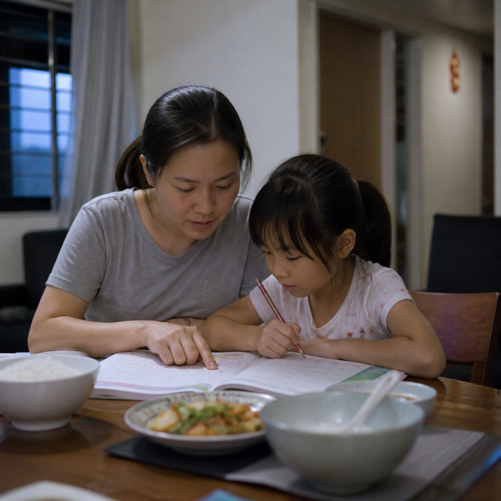 A Singapore parent gently helping a child with homework at the dining table during a calm evening routine.