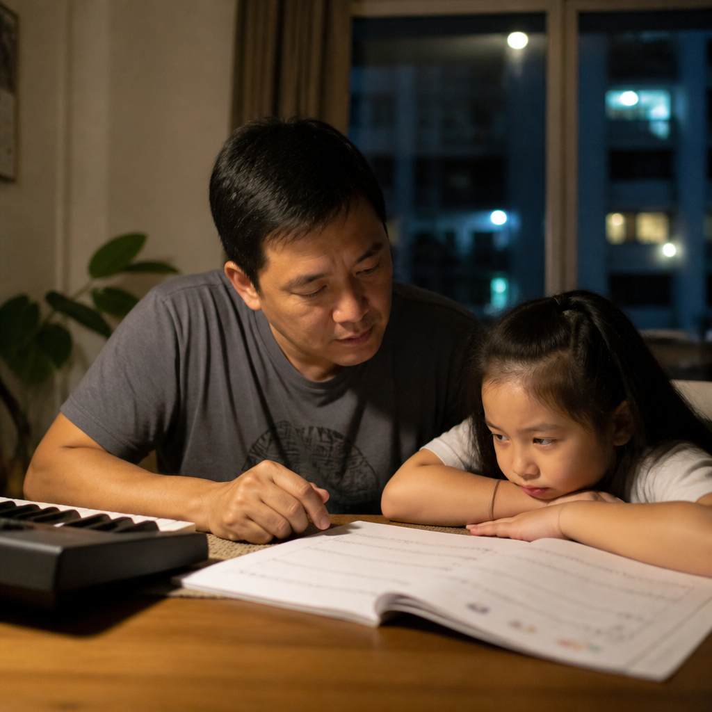 An Asian parent supporting a child during music practice at a Singapore HDB dining table in the evening.
