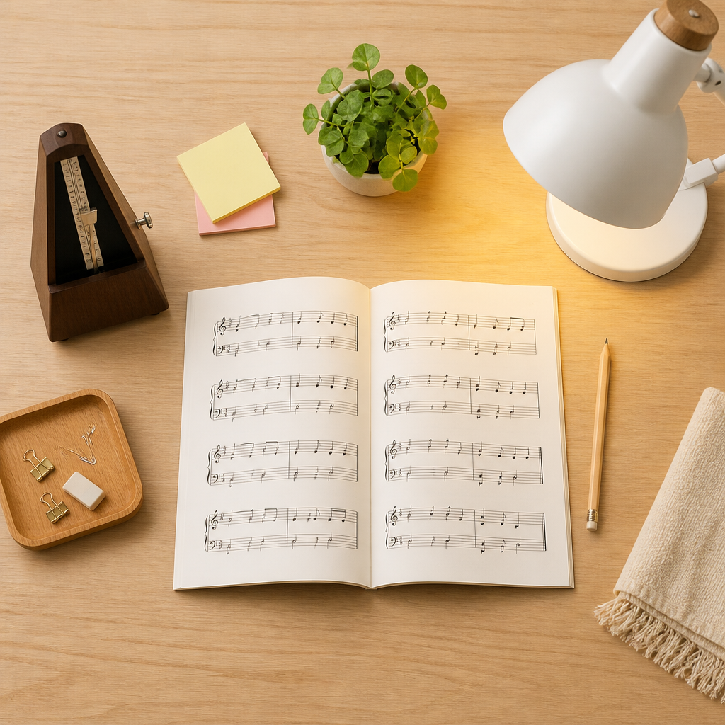A neat music practice setup showing how a calm home environment supports music learning.