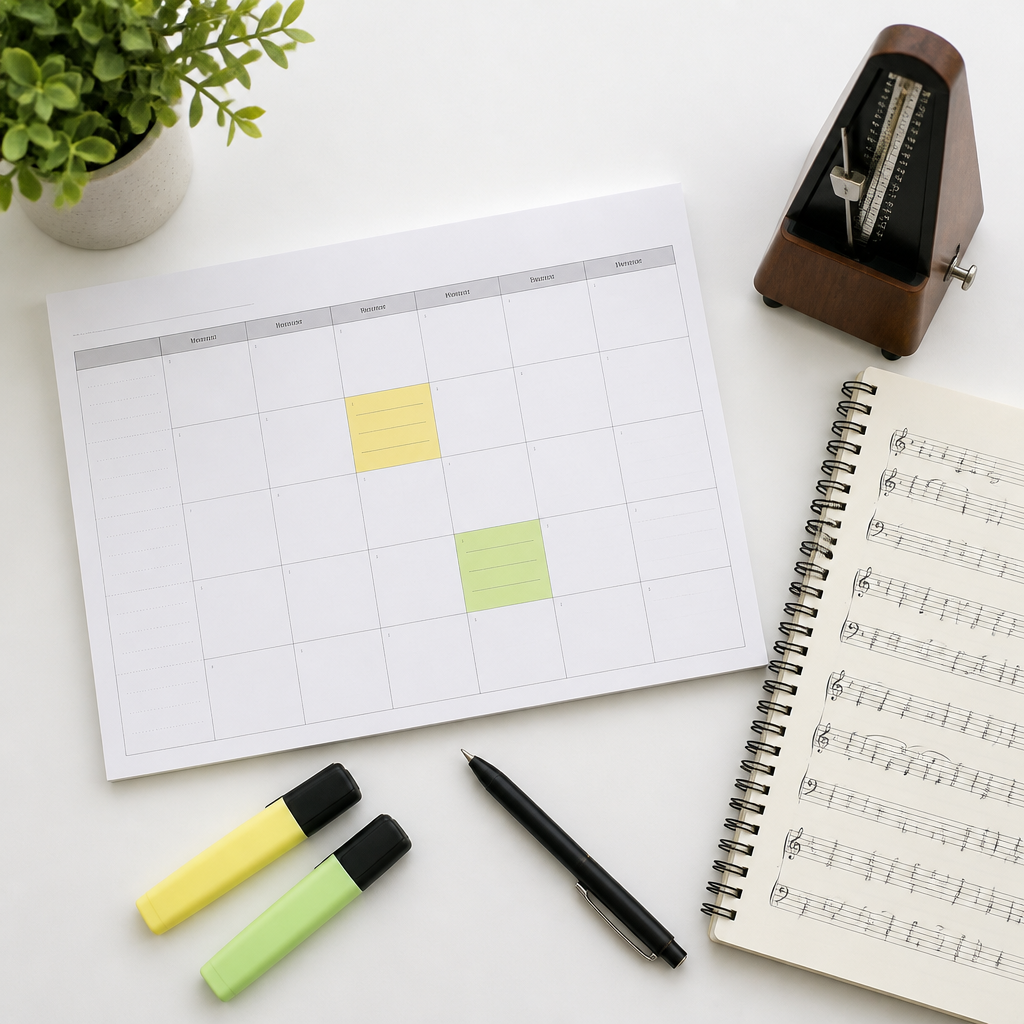 A weekly calendar and practice materials illustrating how to maintain music practice habits during busy school terms.