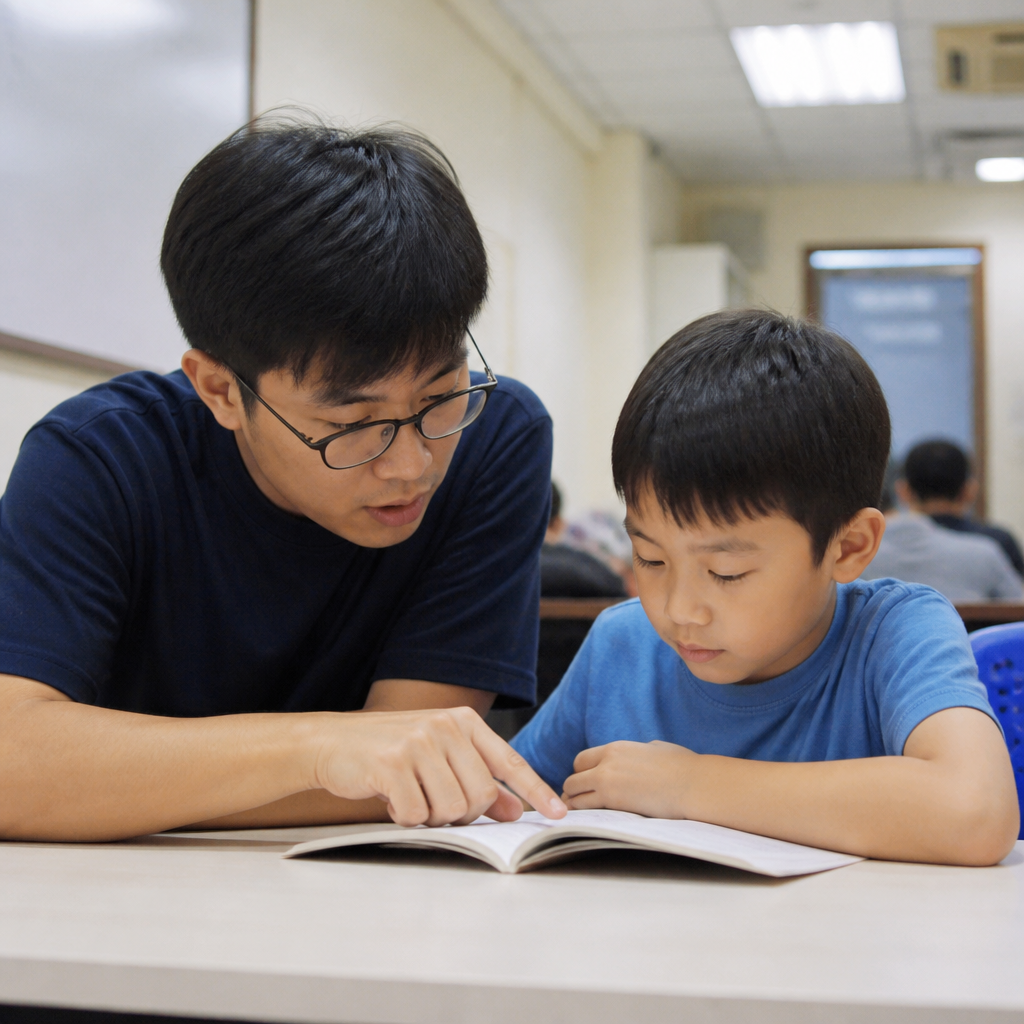 A reading tutor supporting a child during a Singapore tuition lesson to build confidence and fluency.