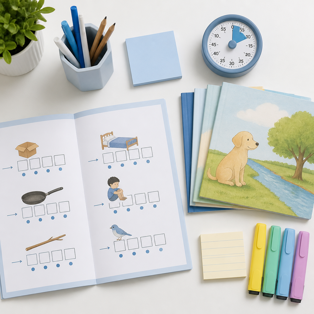 A clean flat lay of phonics reading materials for children learning to read in Singapore.
