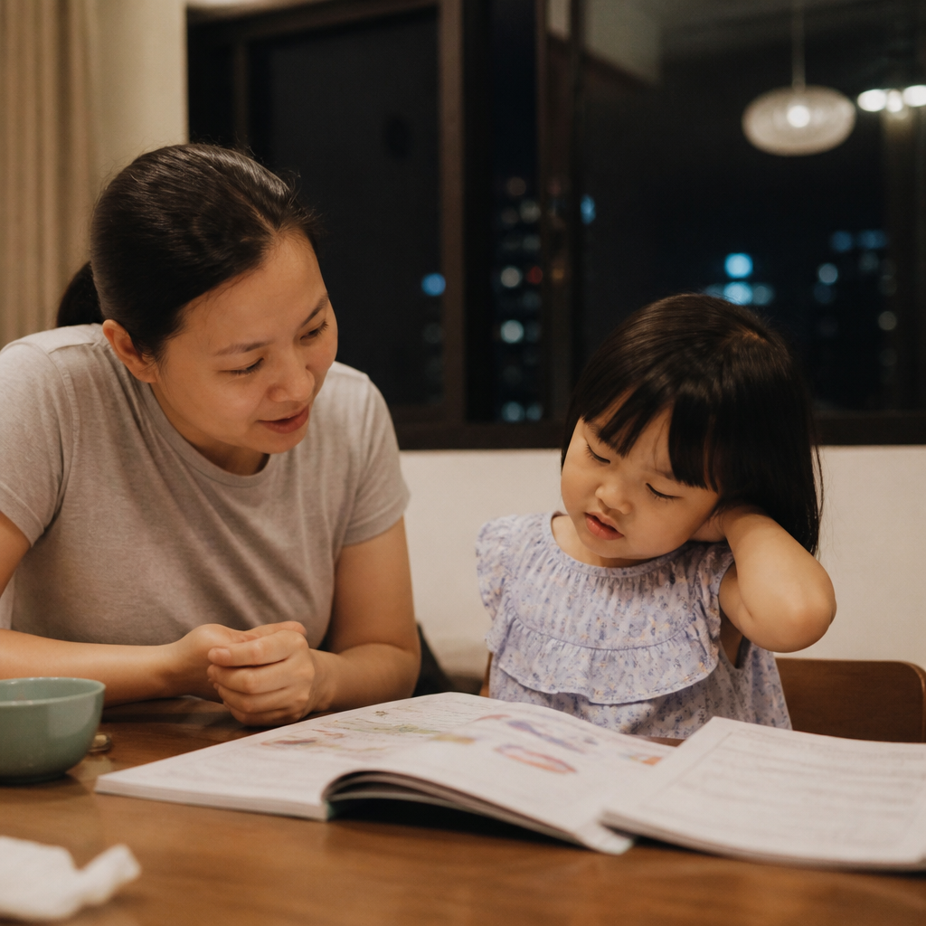 A Singapore parent helping a child with phonics at a HDB dining table, showing the challenges of teaching children to read at home.