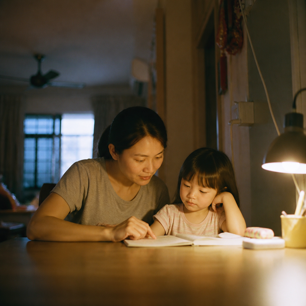 A warm Singapore home scene showing a parent gently supporting a shy child as part of building confidence in shy children.