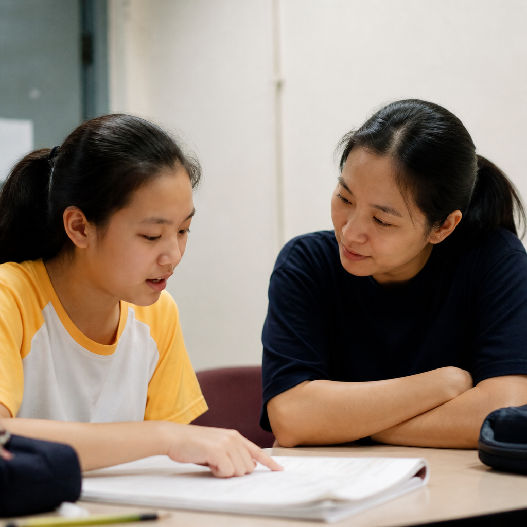 A Singapore tuition setting where a shy student gains confidence through gentle one-to-one support.