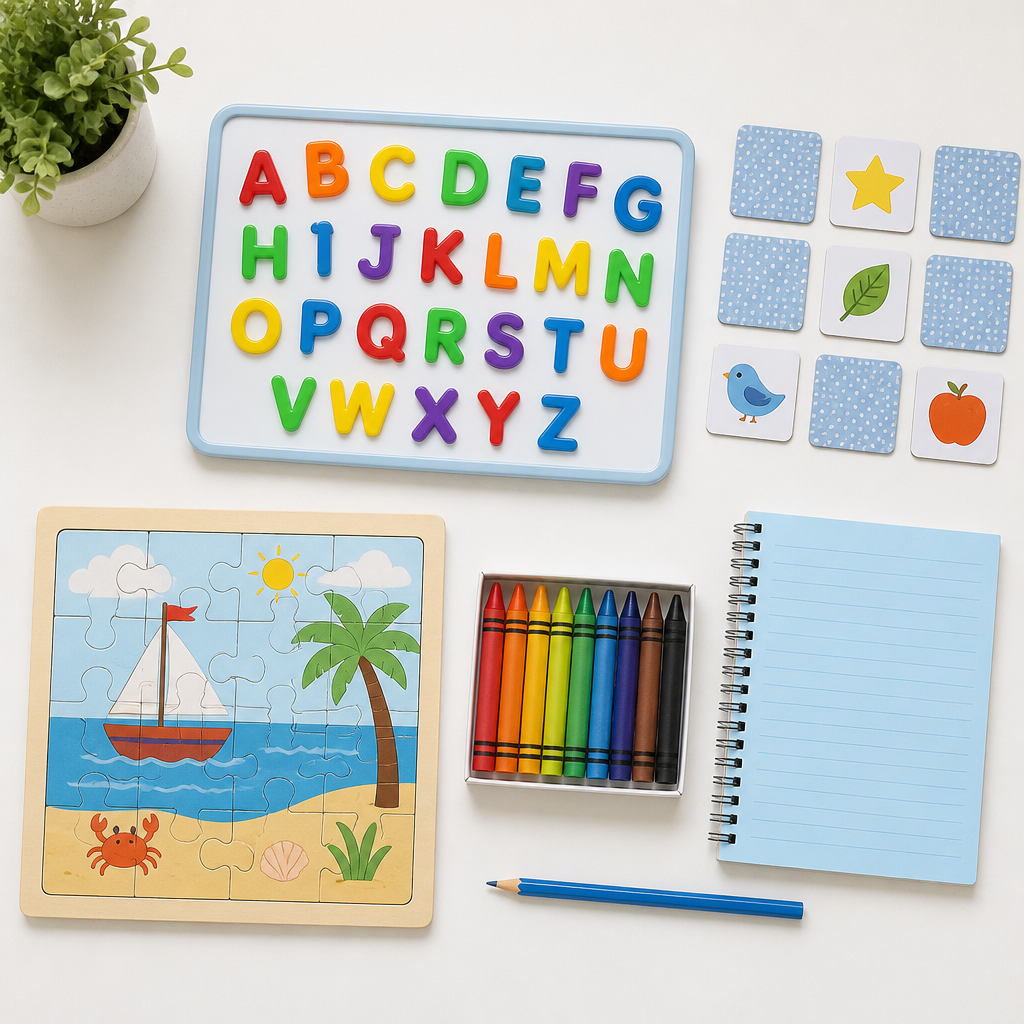 A clean flat lay of educational toys for primary school children, highlighting simple learning tools that support school readiness.