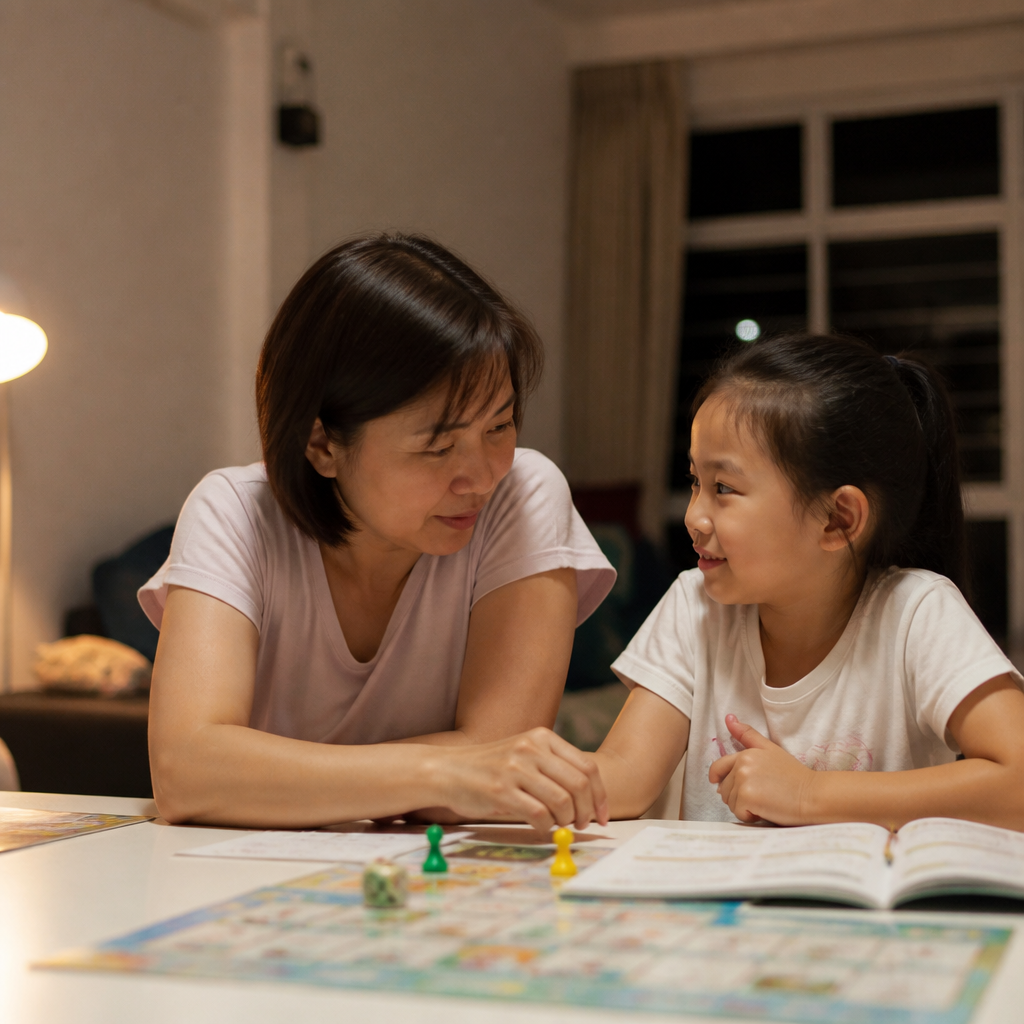 An East Asian mother and child sharing a relaxed learning moment at home, reflecting how educational toys support learning alongside everyday routines.