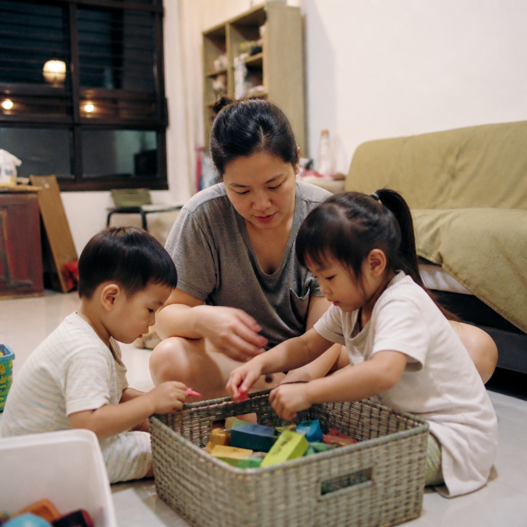A Singapore family looks through educational toys together in a warm home setting, showing how the best educational toys for kids fit real family life.