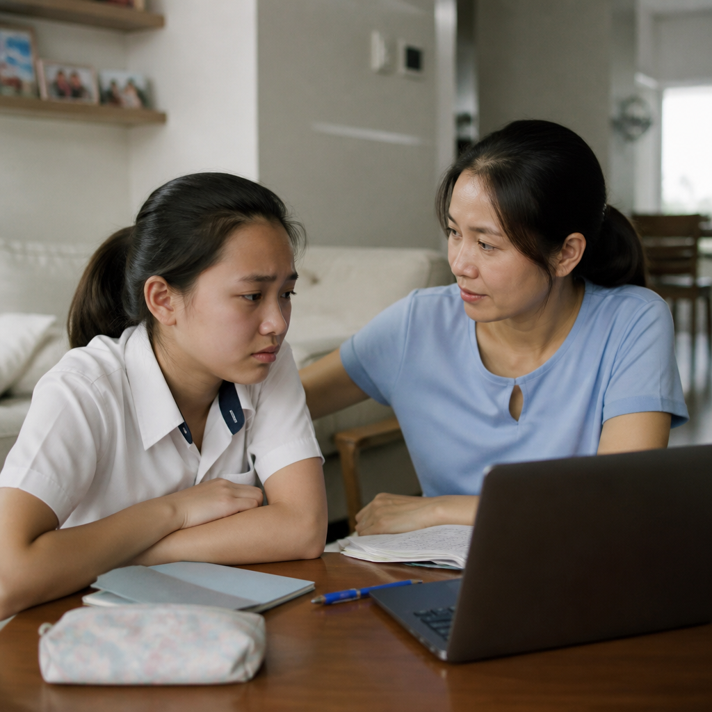 A Singapore parent and child discussing online safety at the dining table in a warm HDB home.