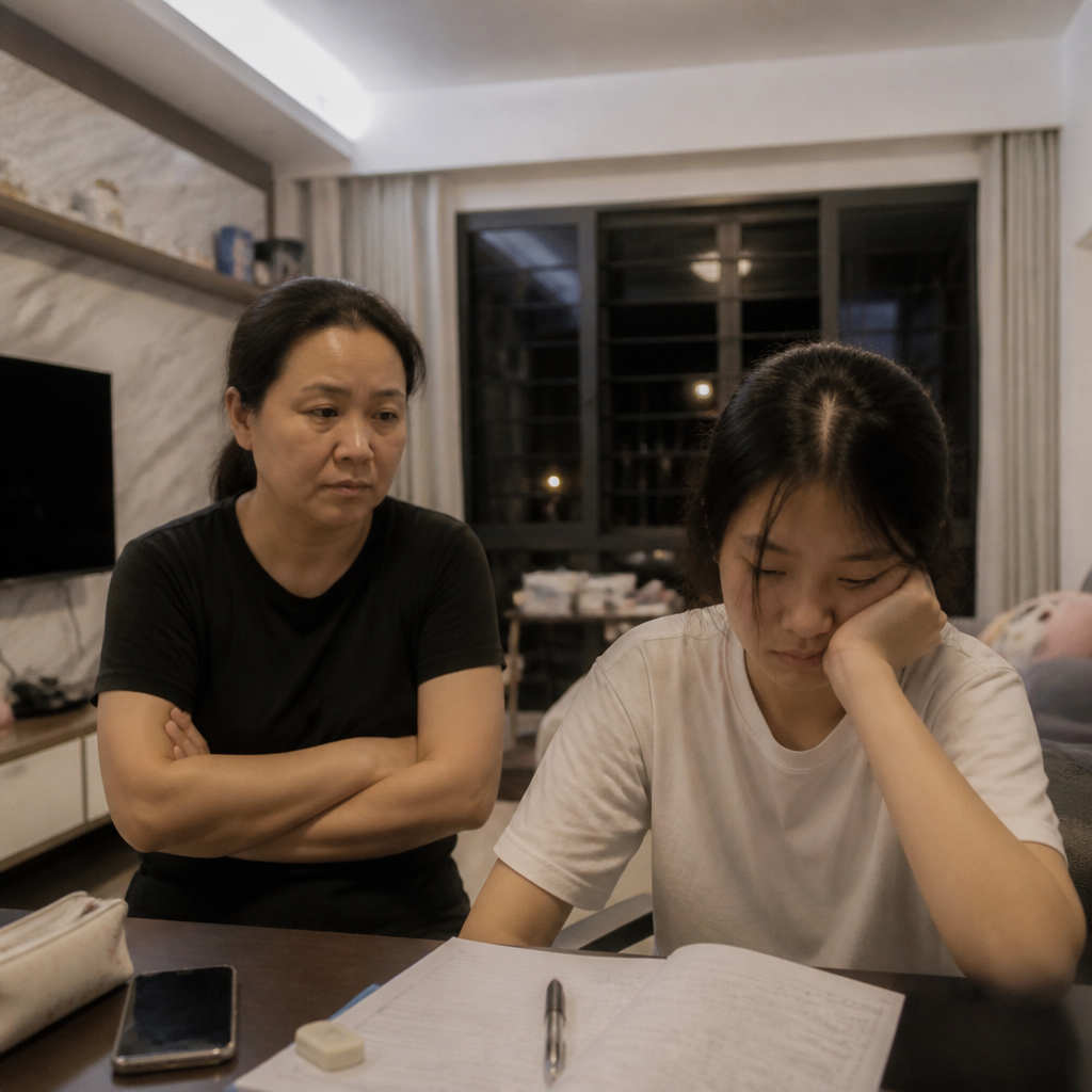 A tense Singapore home scene showing a parent and teenager beside unfinished homework, reflecting rebellious teenager conflict and school pressure.