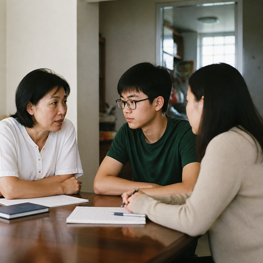 A supportive Singapore family conversation showing that getting help for rebellious teenager behaviour can ease pressure at home.
