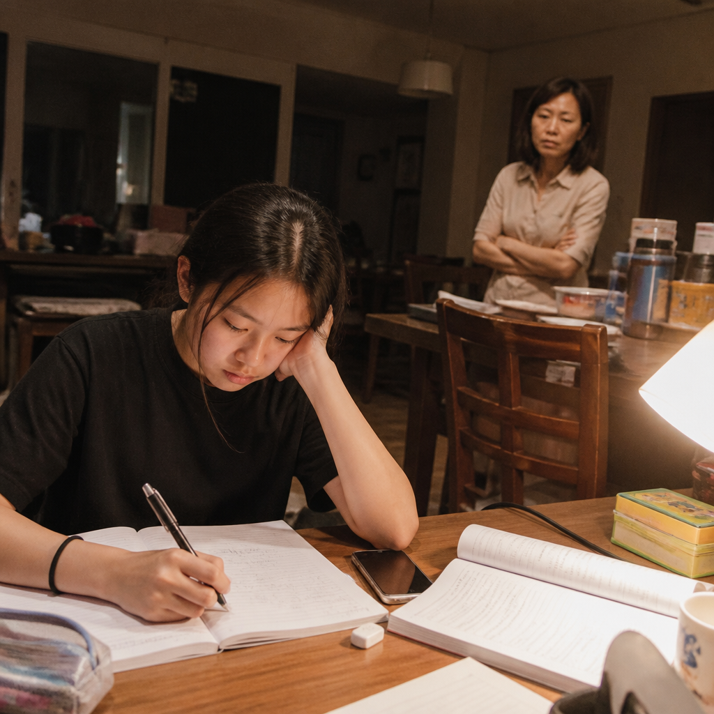 Singapore teenager studying late at a HDB desk with schoolwork, phone, and a parent nearby, illustrating the sleep challenges facing teens in Singapore.