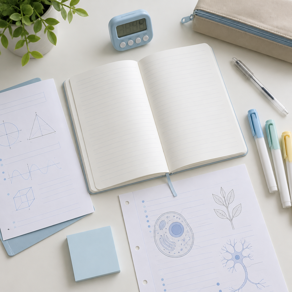 A tidy study desk with revision materials and homework tools, illustrating how homework supports exam practice and independent learning.