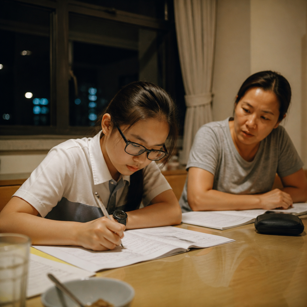 Secondary school homework spread across a HDB dining table, showing the evening reality of homework matters for exam preparation.
