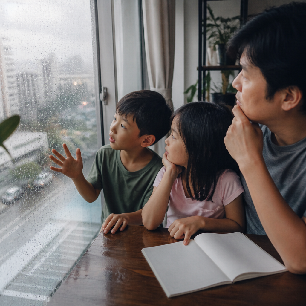 A Singapore family observing a rainy afternoon together, a realistic scene that supports better creative writing skills through everyday inspiration.