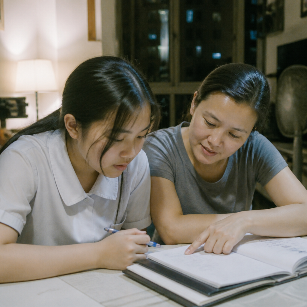A supportive parent helping a secondary school student plan homework, reflecting the goal of purposeful homework for Singapore exams.