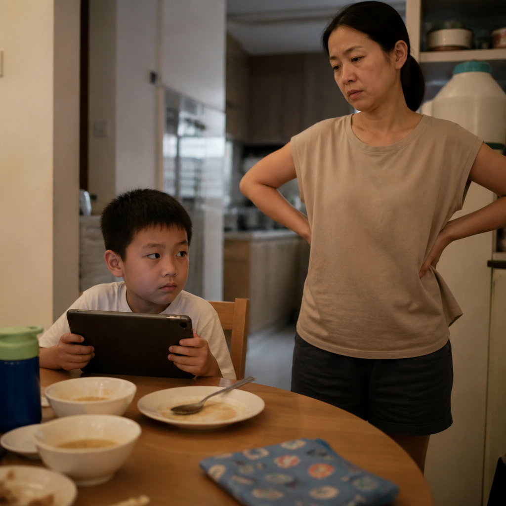 A Singapore parent and child managing screen time at the dining table in a warm HDB home setting.