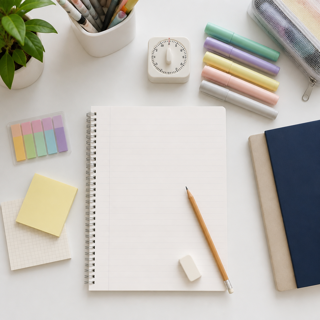 An organised English composition planning desk with notebook, highlighters, and a timer for composition writing practice.