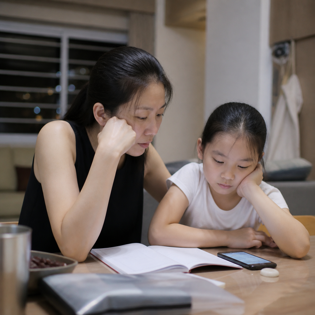 Singapore parent and child having a quiet conversation about bullying at a HDB dining table.
