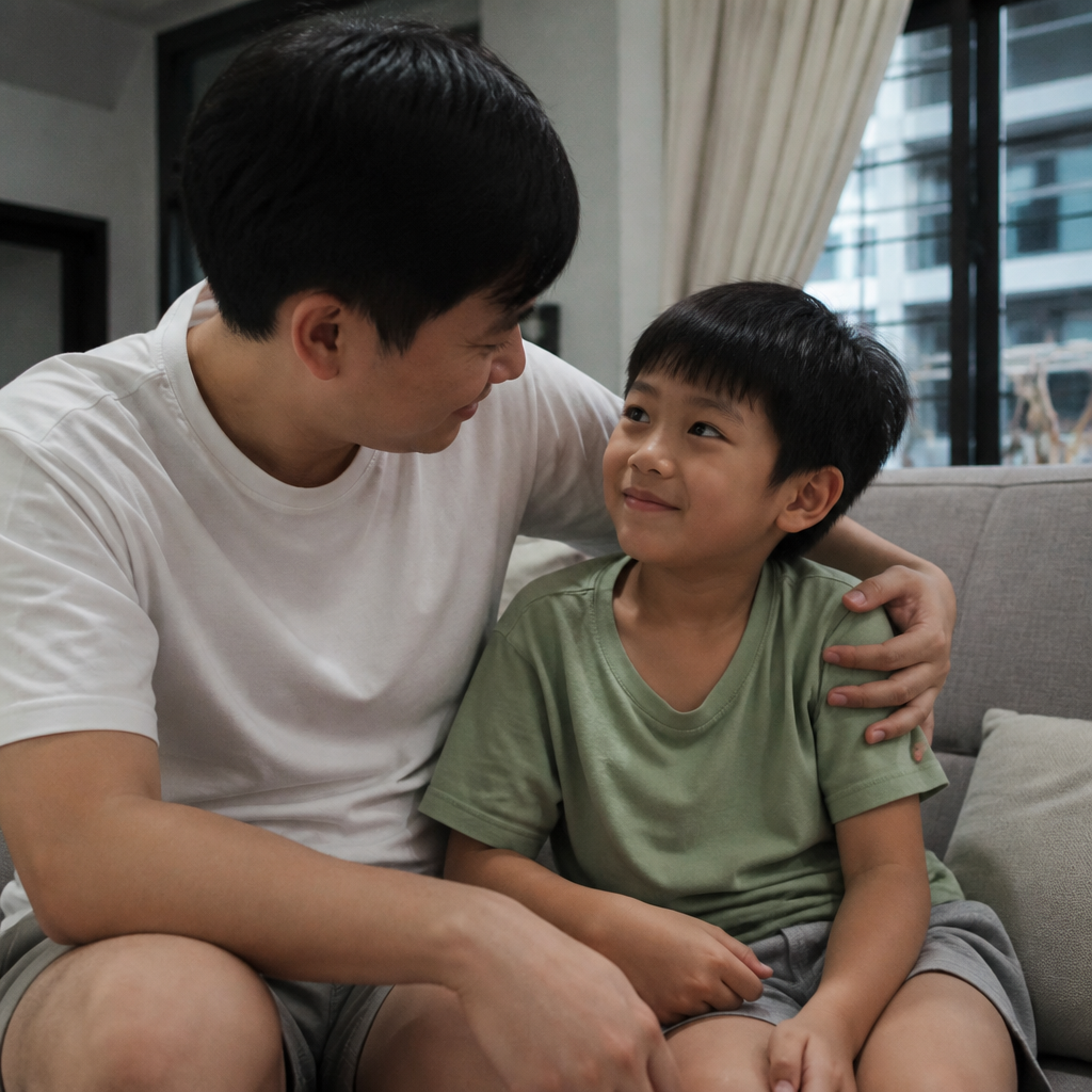 Supportive Singapore parent and child sharing a reassuring conversation after talking about bullying.