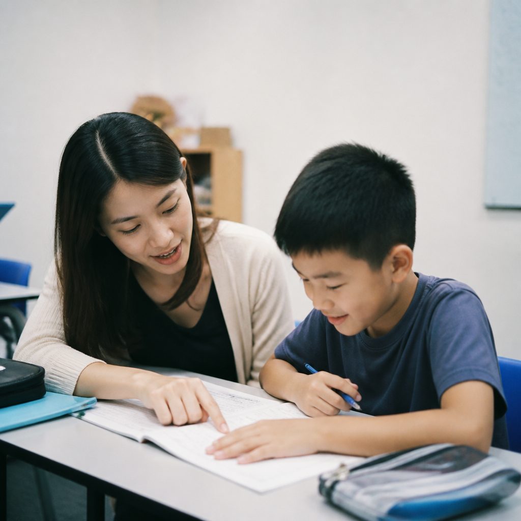 A Singapore home tutor giving calm homework support to a child at a study desk.