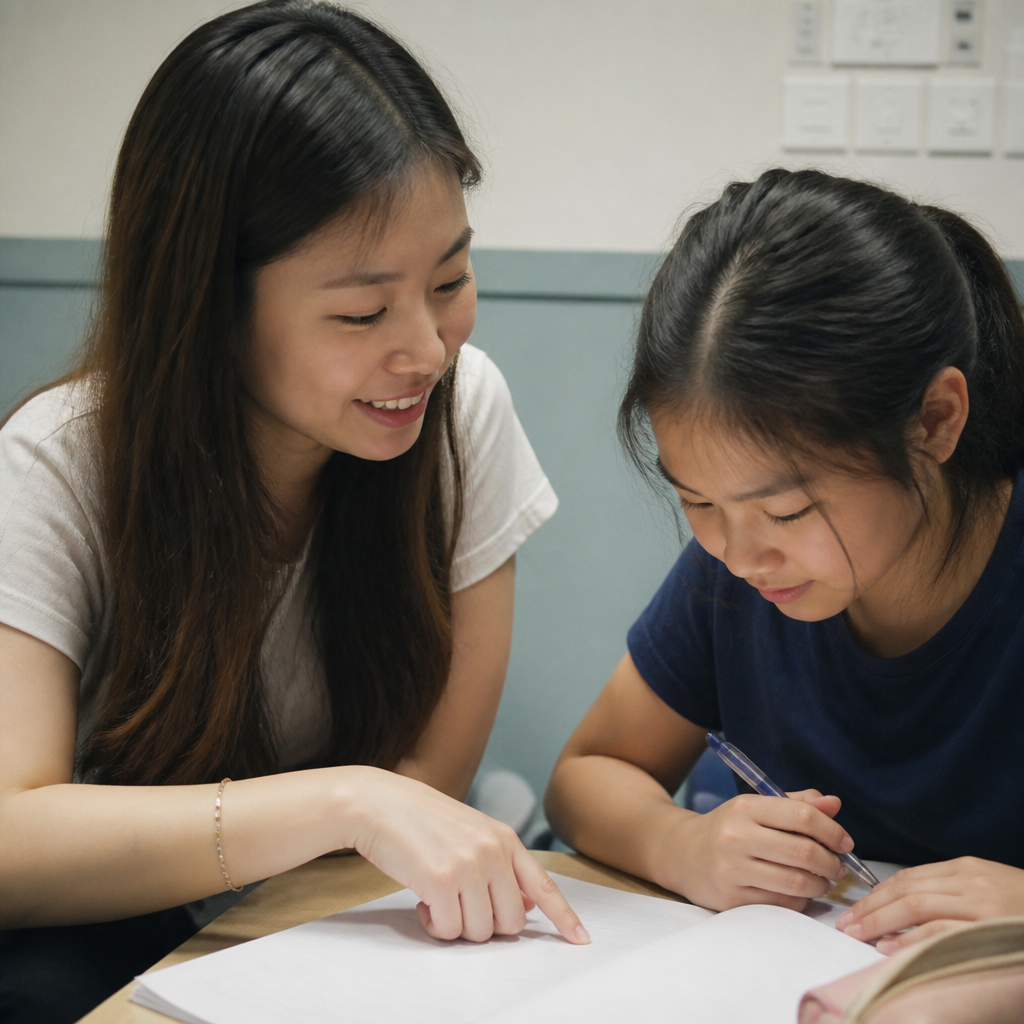 A Singapore English tutor helping a student improve story structure during composition practice.