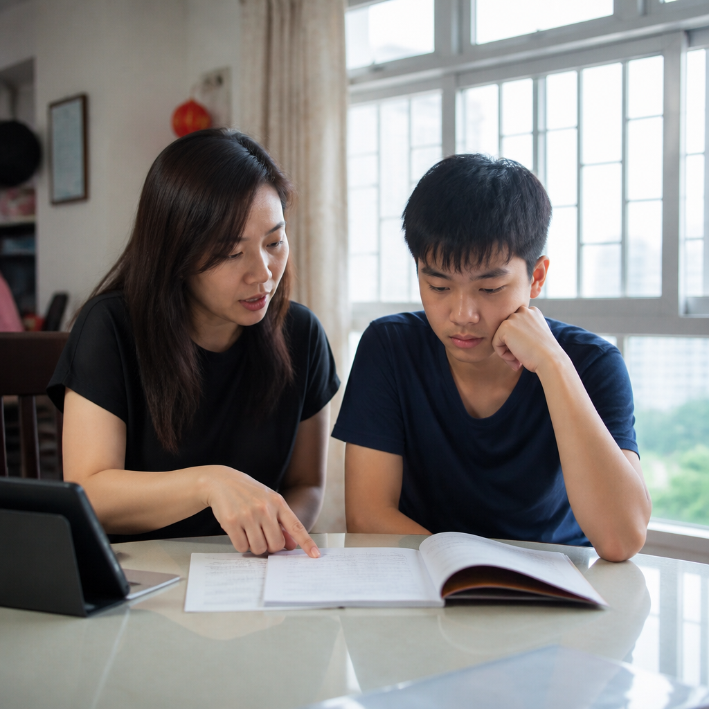 A Singapore parent and child reviewing subject combination choices together at home.