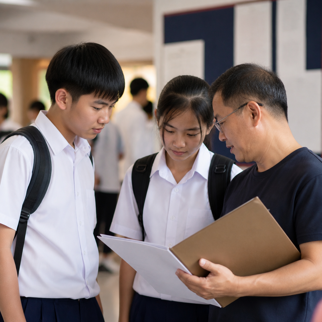 Students and a teacher reviewing subject combination information in a Singapore secondary school setting.