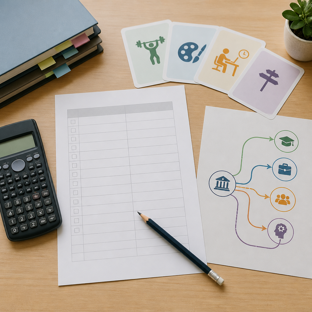A conceptual desk setup showing the main factors for choosing a subject combination in Singapore.