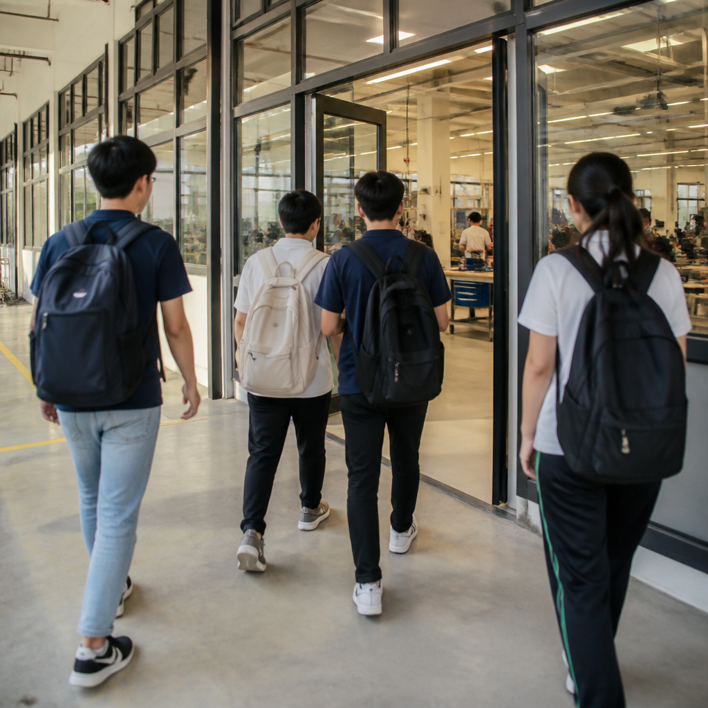 Students moving confidently through an ITE campus in Singapore, showing the pathway as a practical start.