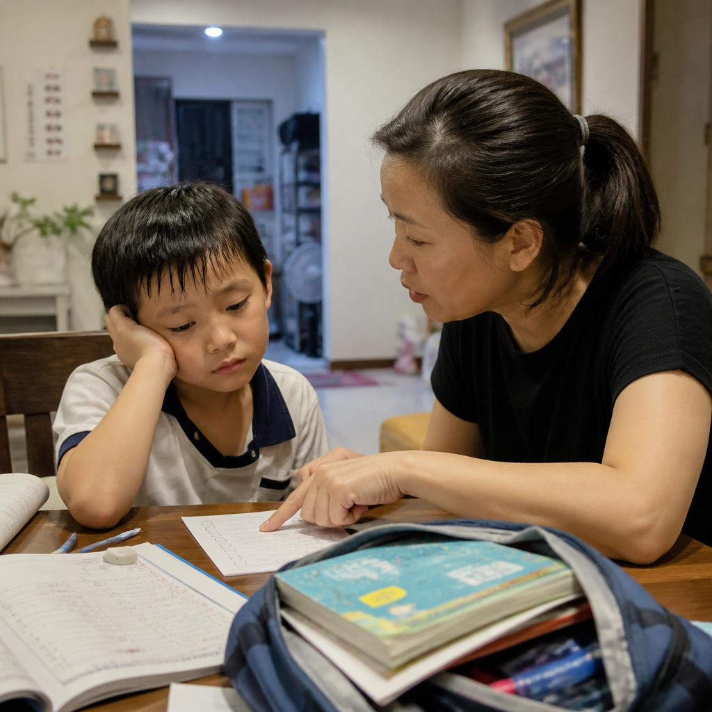 A Singapore parent gently helps a tired child begin homework at home without conflict.