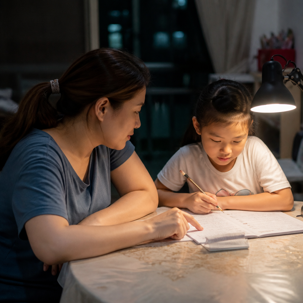 A Singapore parent and child reviewing English situational writing together at a HDB dining table.