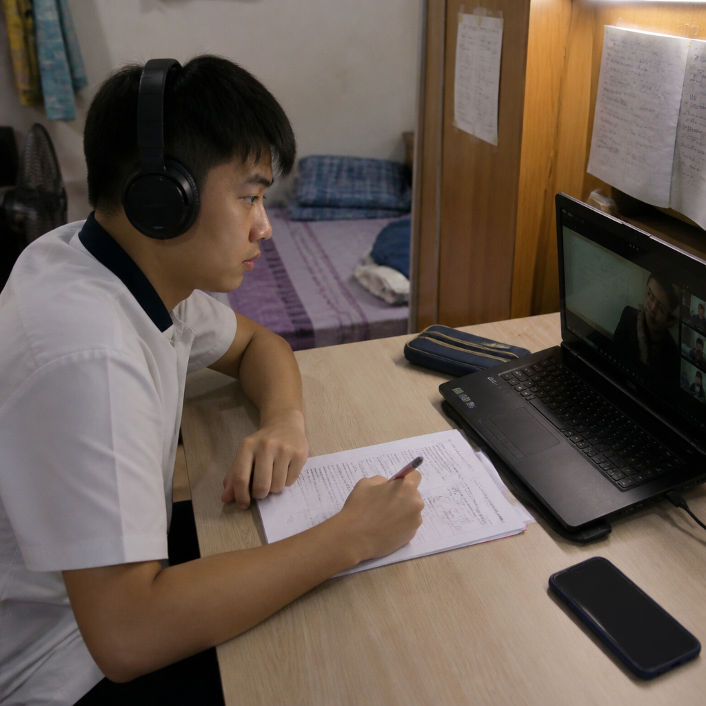 A Singapore student using digital learning tools to revise at home in a focused, low-distraction setup.