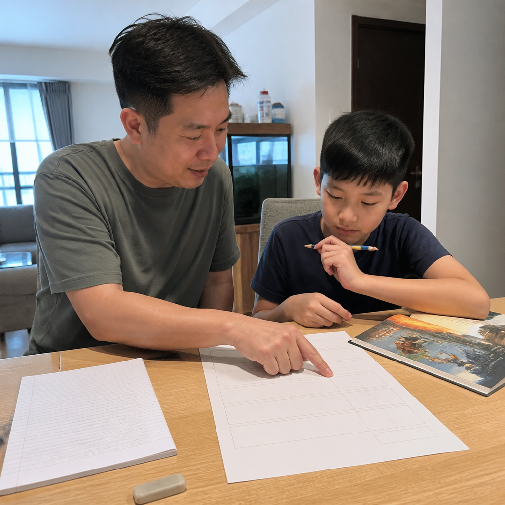 Singapore parent helping a child plan for PSLE English composition at home.