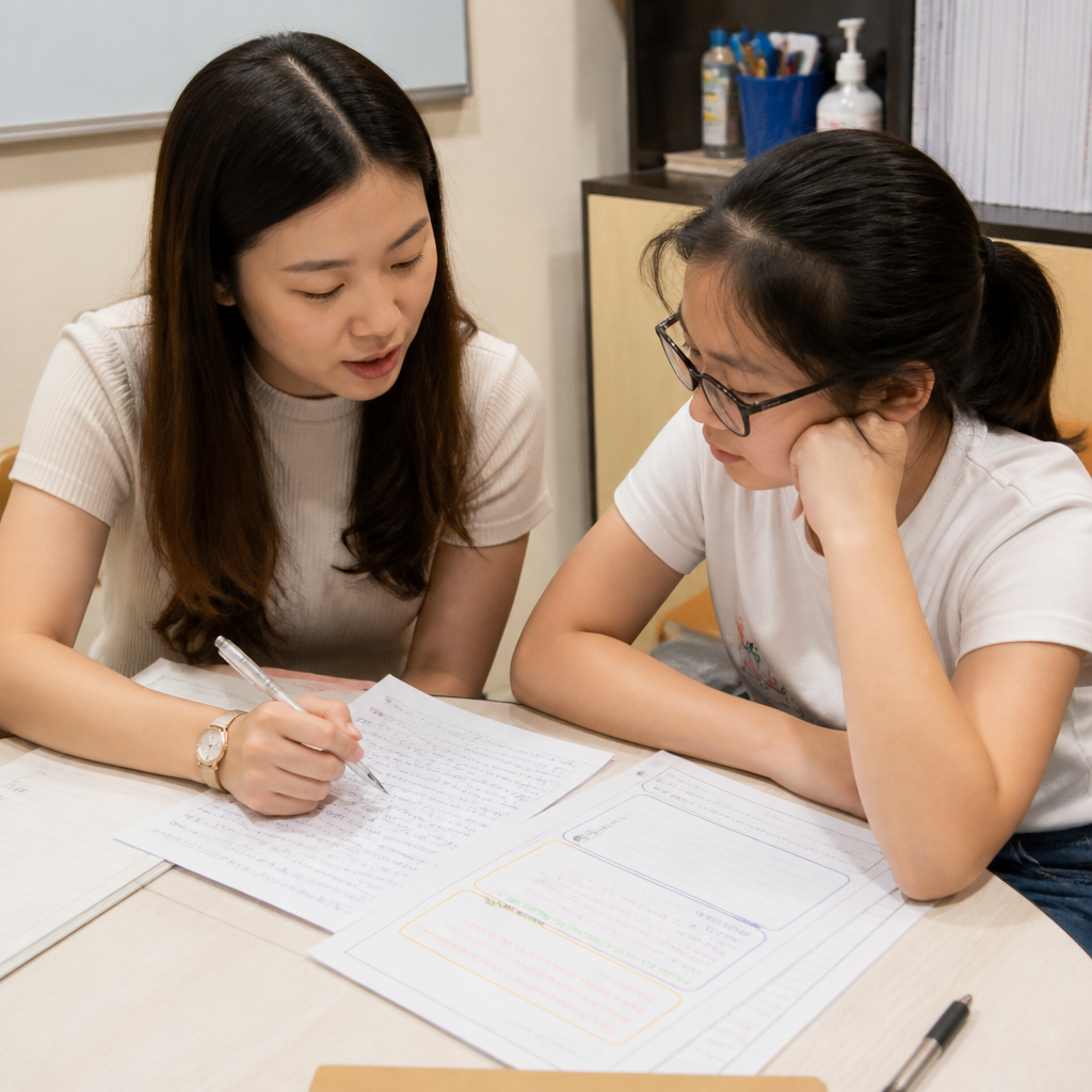 A tutor guiding a Primary 6 student through PSLE English composition structure and feedback.