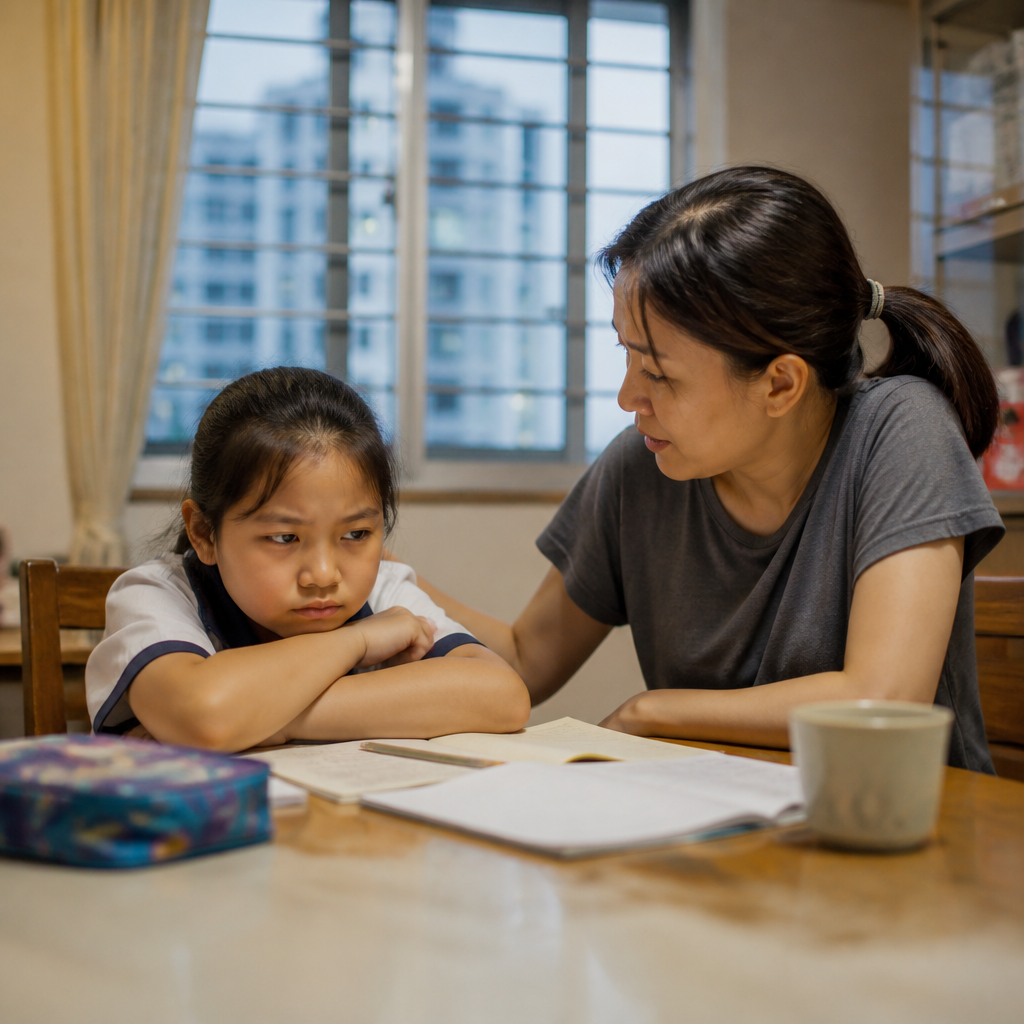 A Singapore parent calmly responds to homework refusal at the dining table.