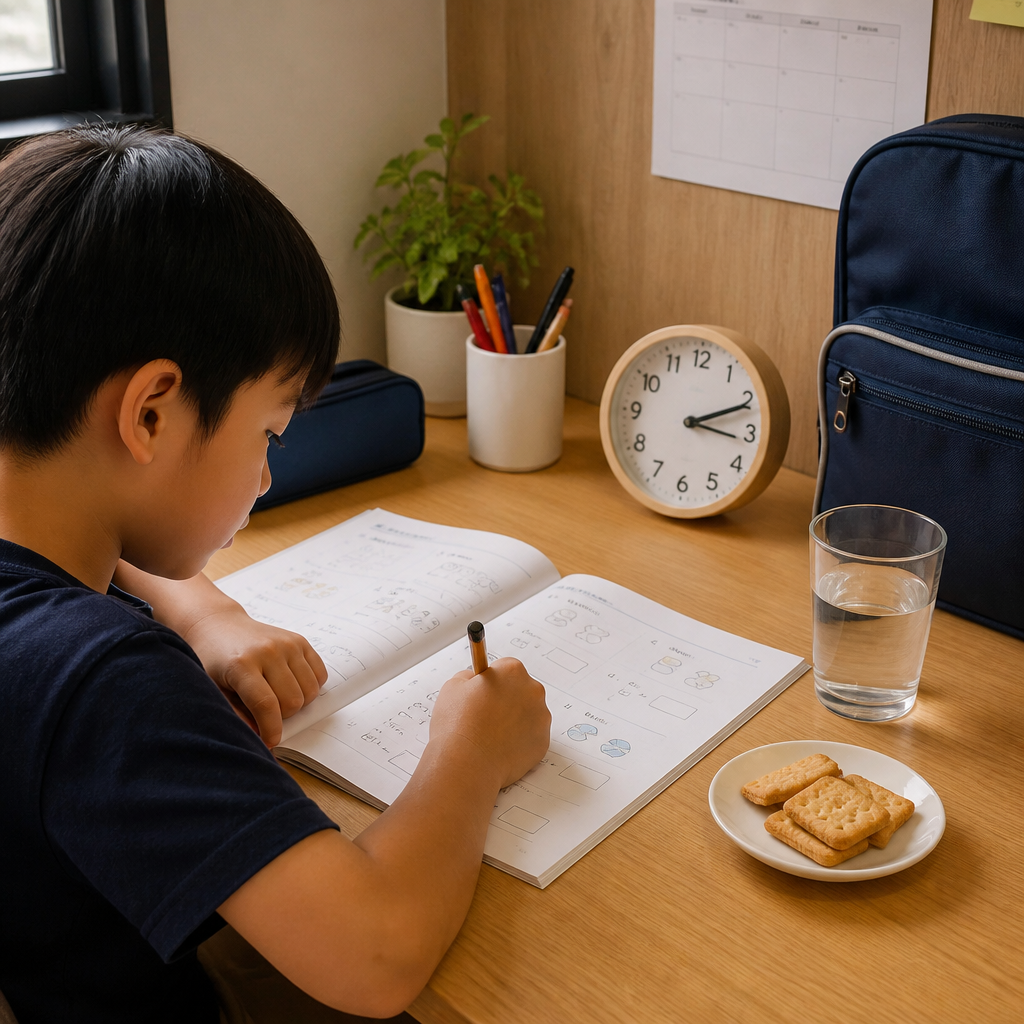 A study desk scene showing a short reset before homework starts.