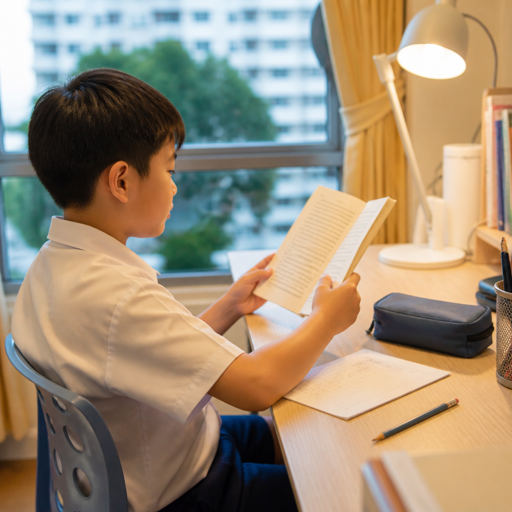 A tidy study desk corner shows better posture and lighting for myopia prevention in children.