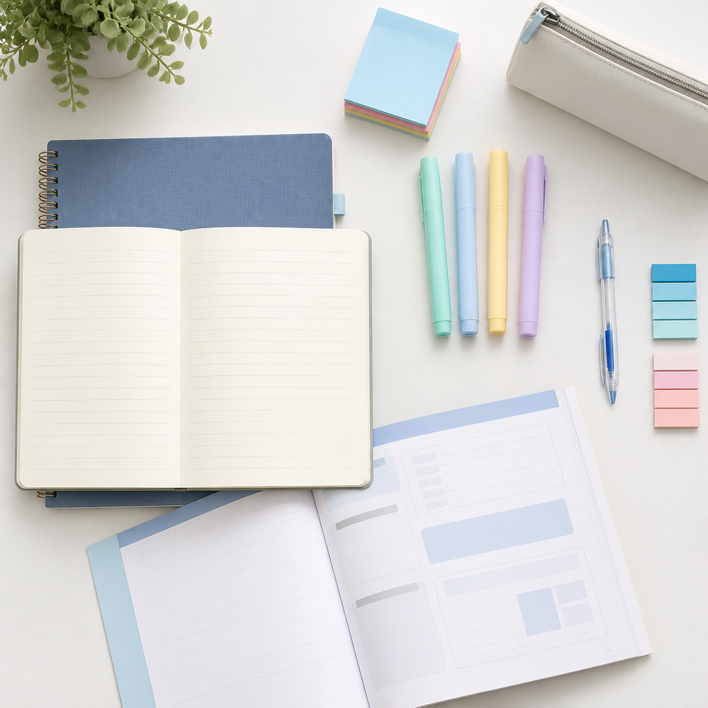 A neat study flat lay showing situational writing preparation materials for English revision.