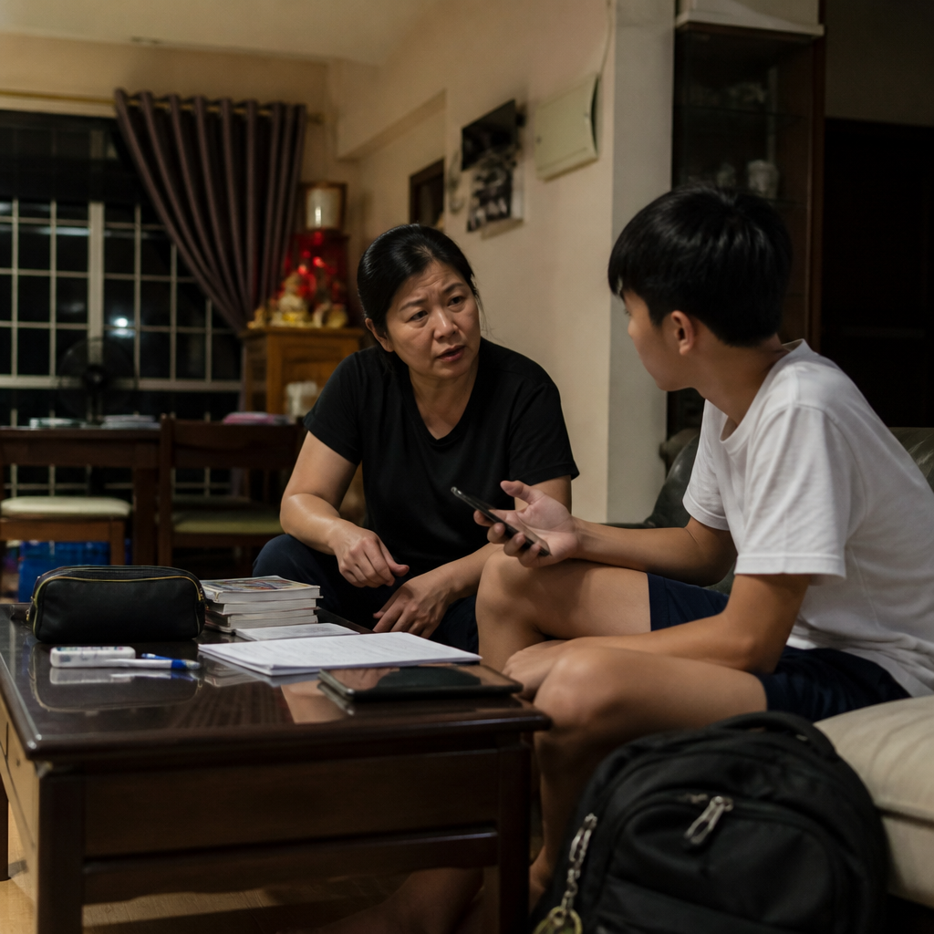 A Singapore parent and teenager in a tense home conversation about homework, phone use, and school stress.