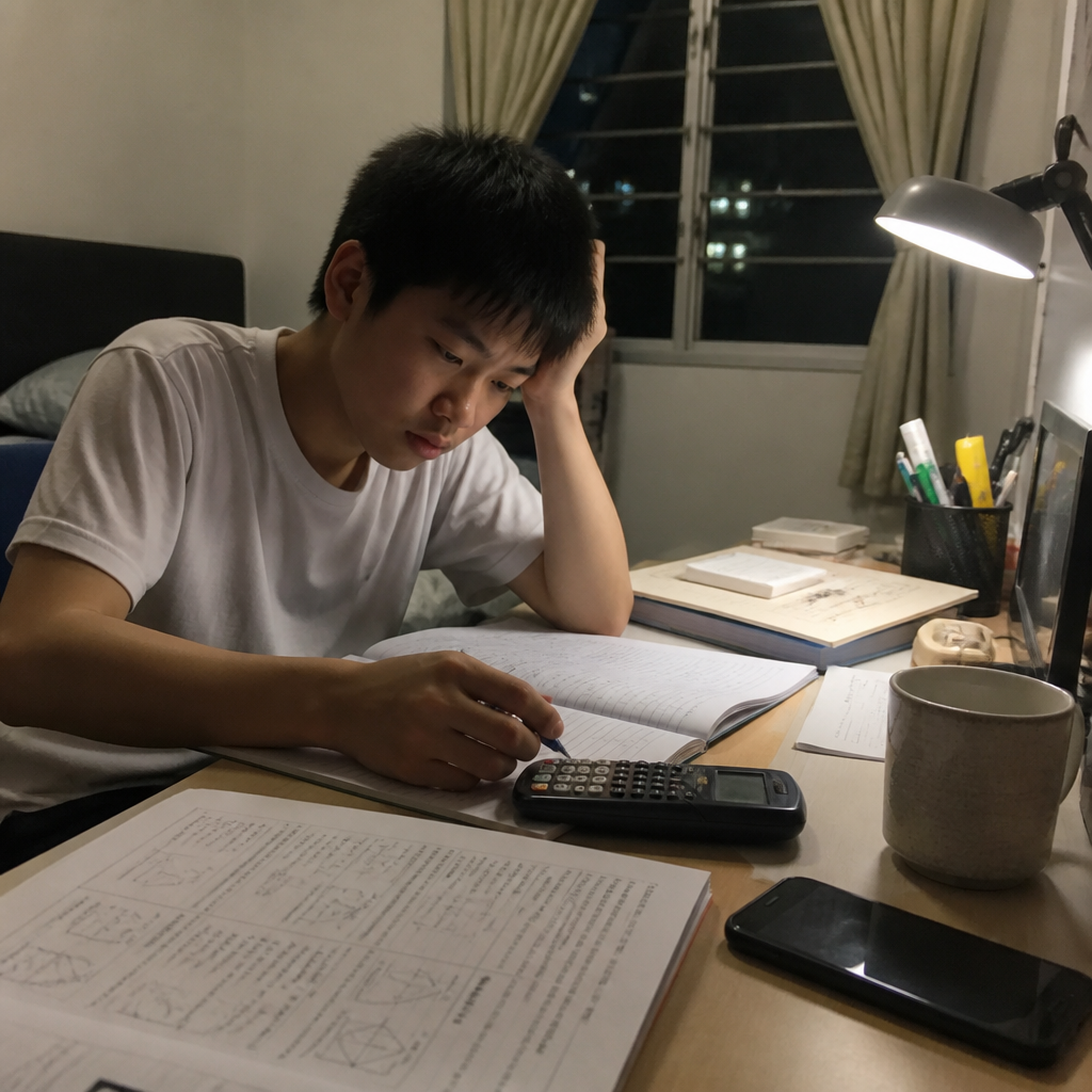 A tired secondary school student revising at a desk, showing how lack of sleep can affect learning and memory.