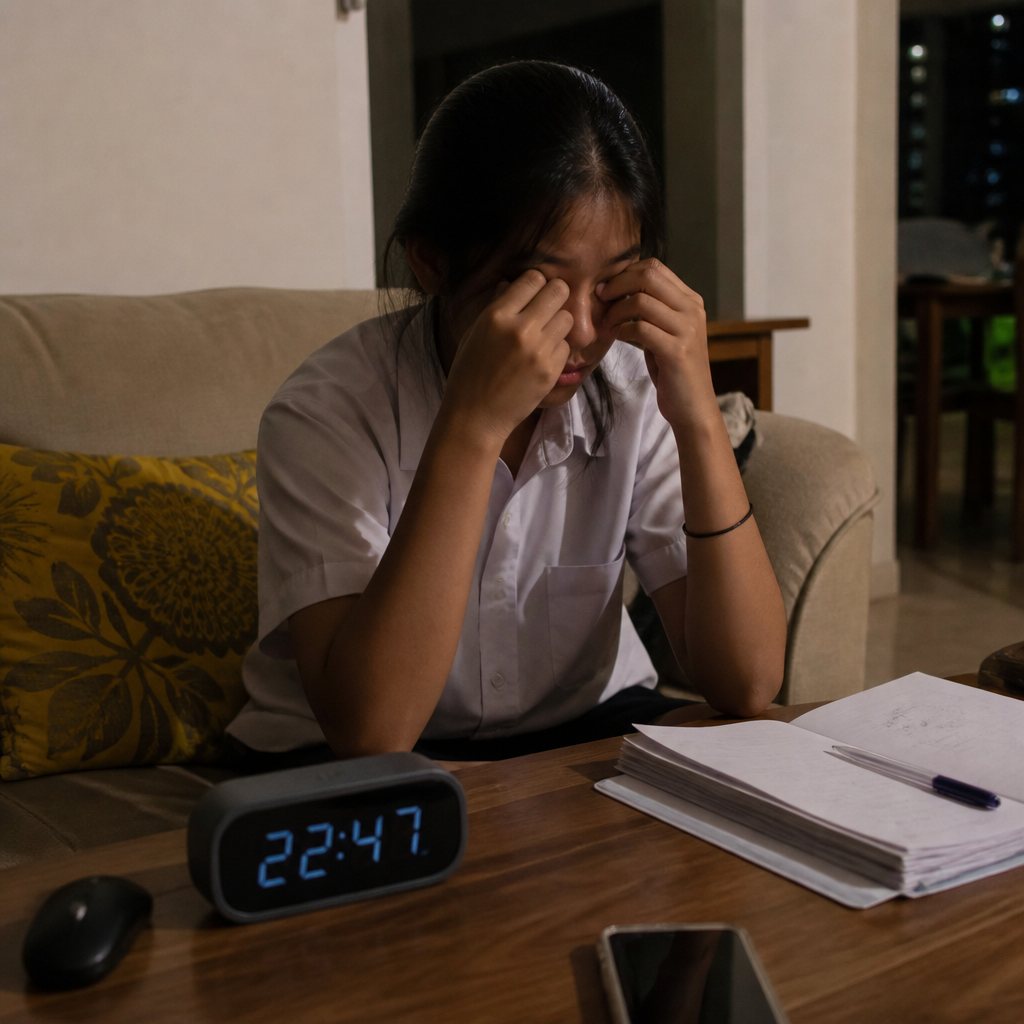 A tired Singapore teenager in the evening, illustrating common signs of sleep deprivation.