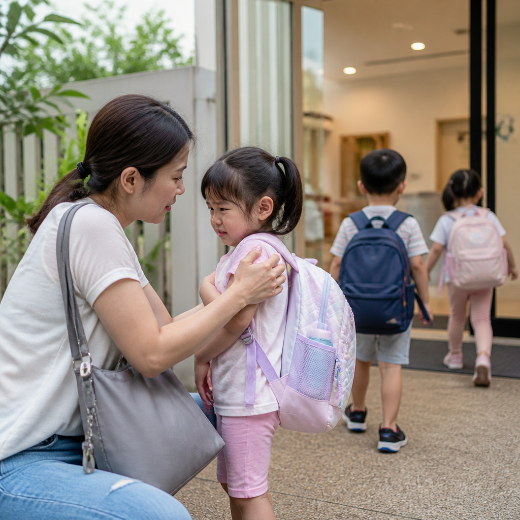 A Singapore parent helping a hesitant preschooler during drop-off, reflecting child development and early childhood adjustment.