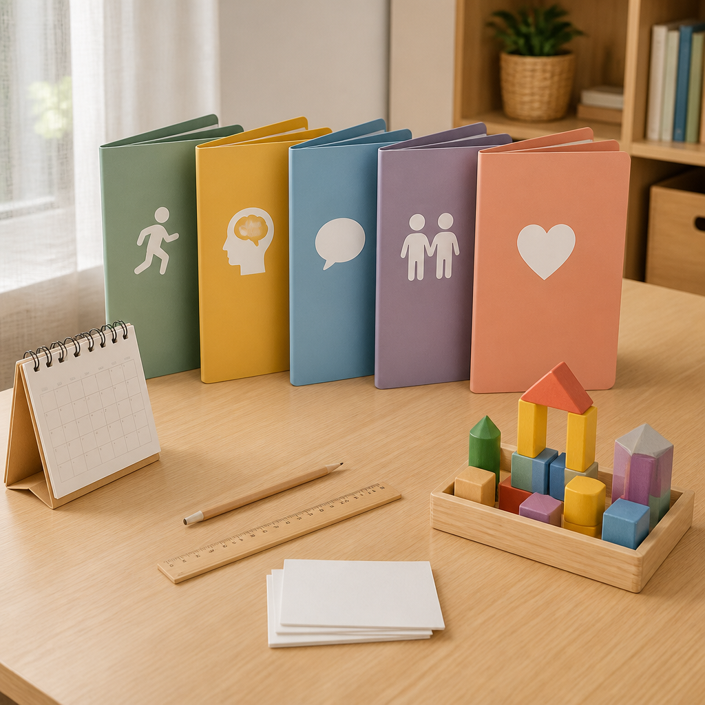 A child development concept still life showing the five areas of growth parents should watch.