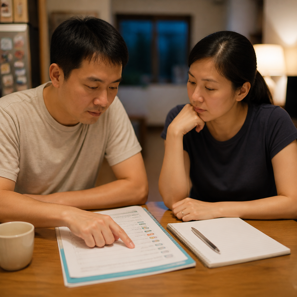 Singapore parents reviewing a child development checklist and planning next steps at home.