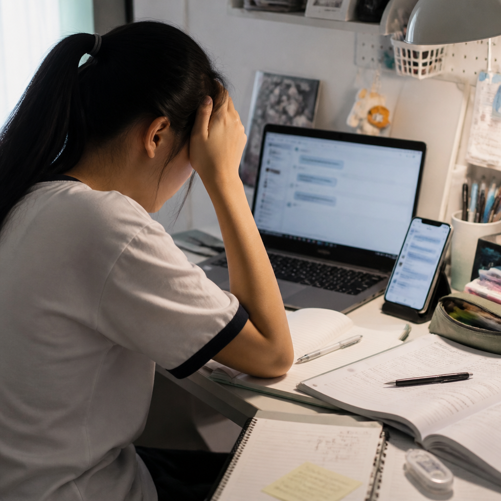 A stressed Singapore student struggles to focus on homework after cyberbullying messages continue online.