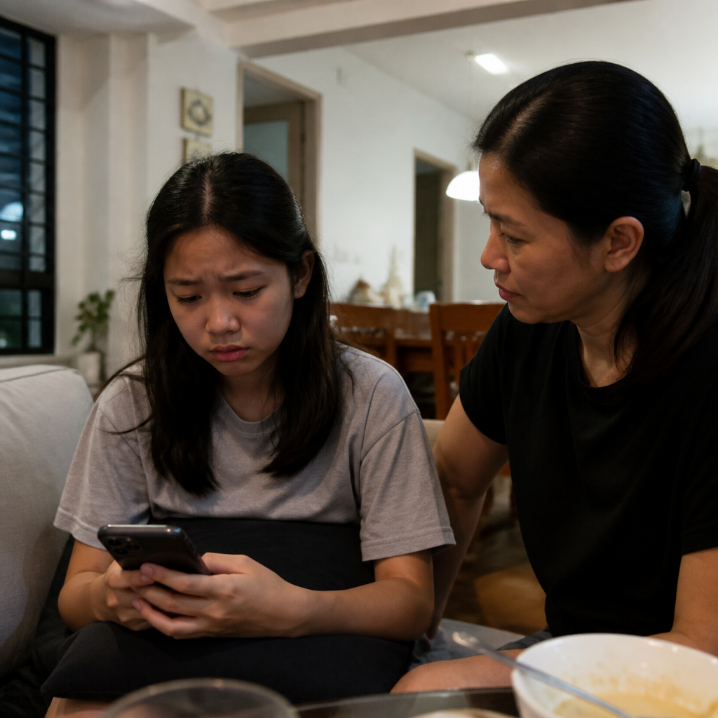 A Singapore parent speaking calmly with a teen who looks upset about cyberbullying on the phone.
