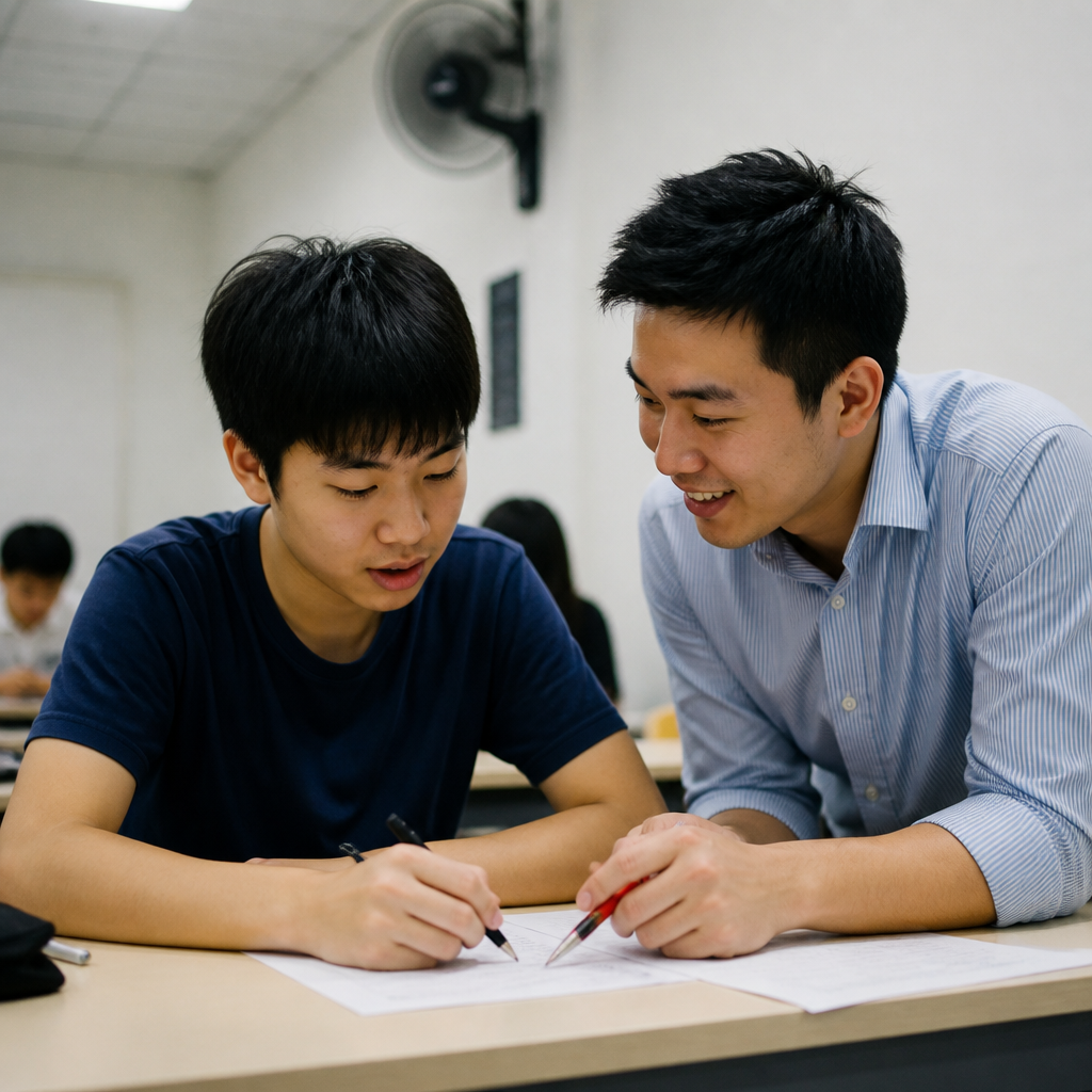 A tutor guiding a student through situational writing practice in a Singapore tuition centre.