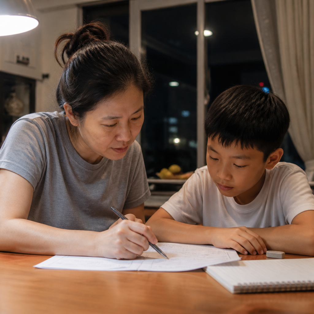 An Asian mother helping her child with English revision at an HDB dining table in Singapore.